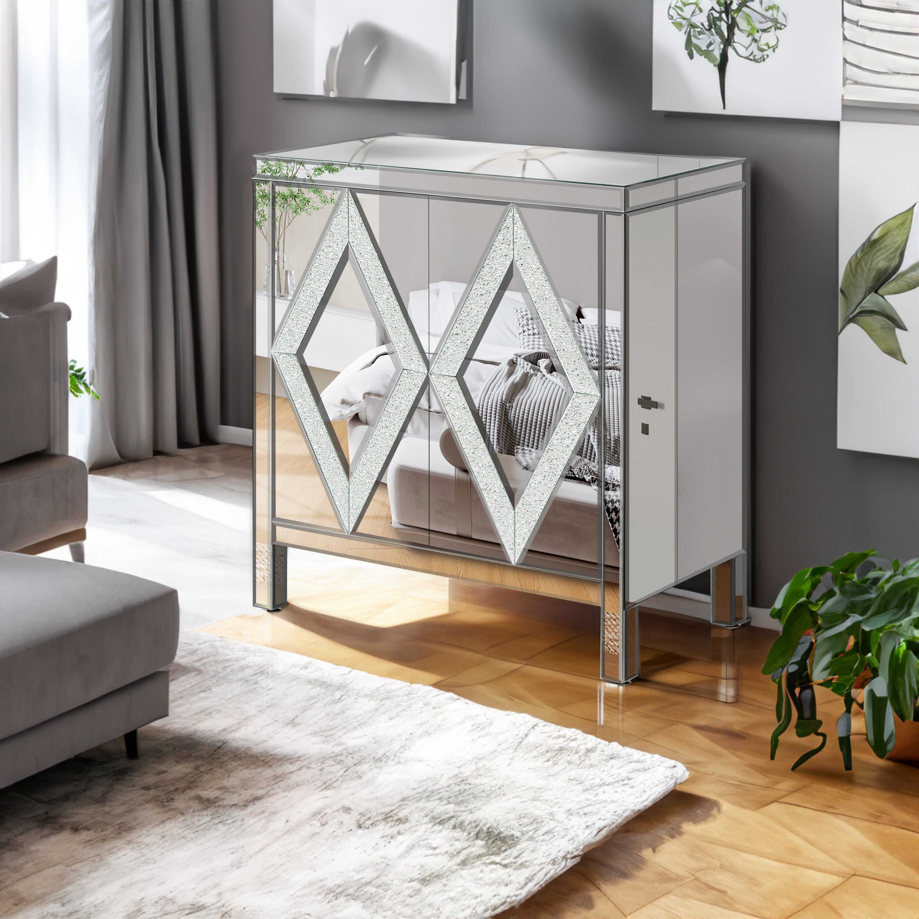 Silver storage cabinet with mirror trim and diamond design for living room and kitchen