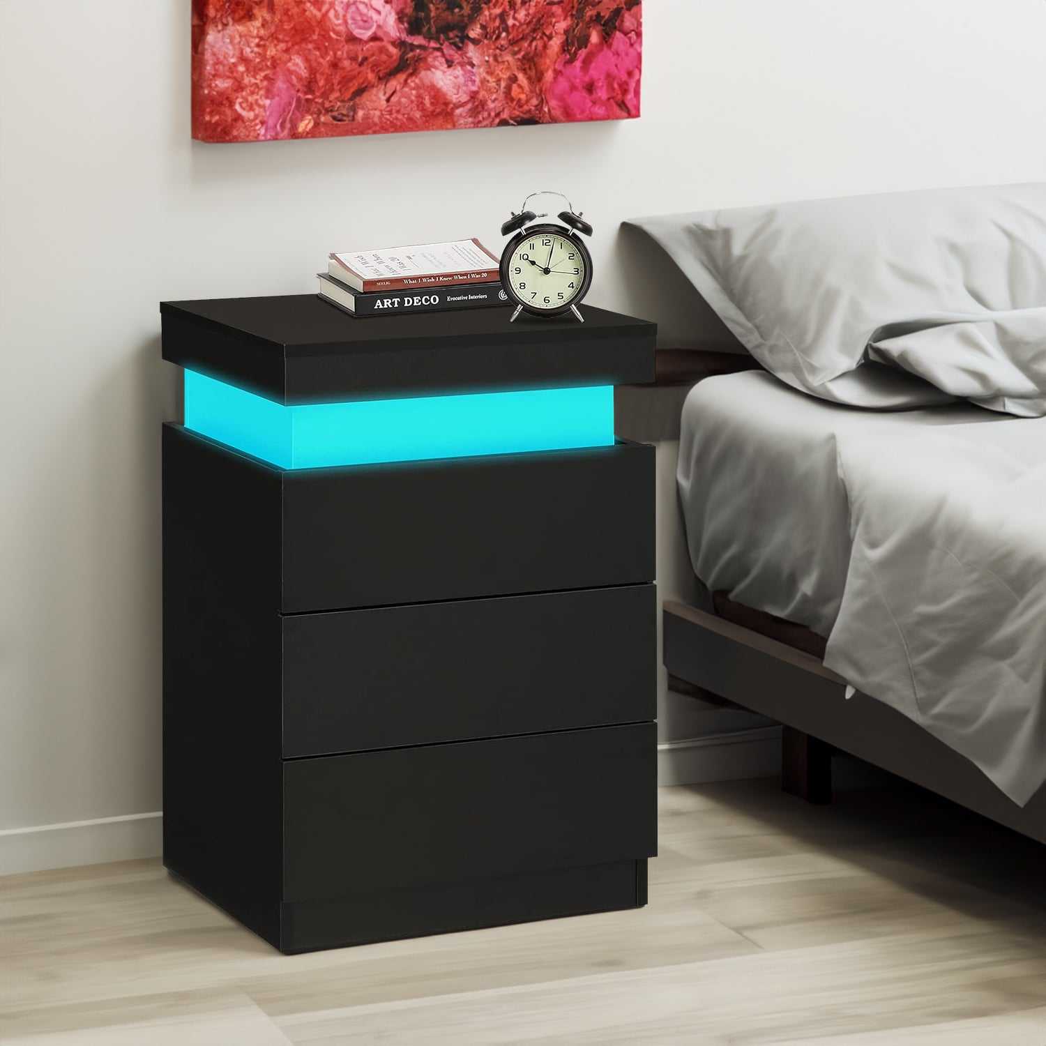 Modern black LED nightstand with multi-colour LED lighting and drawers for bedroom and living room