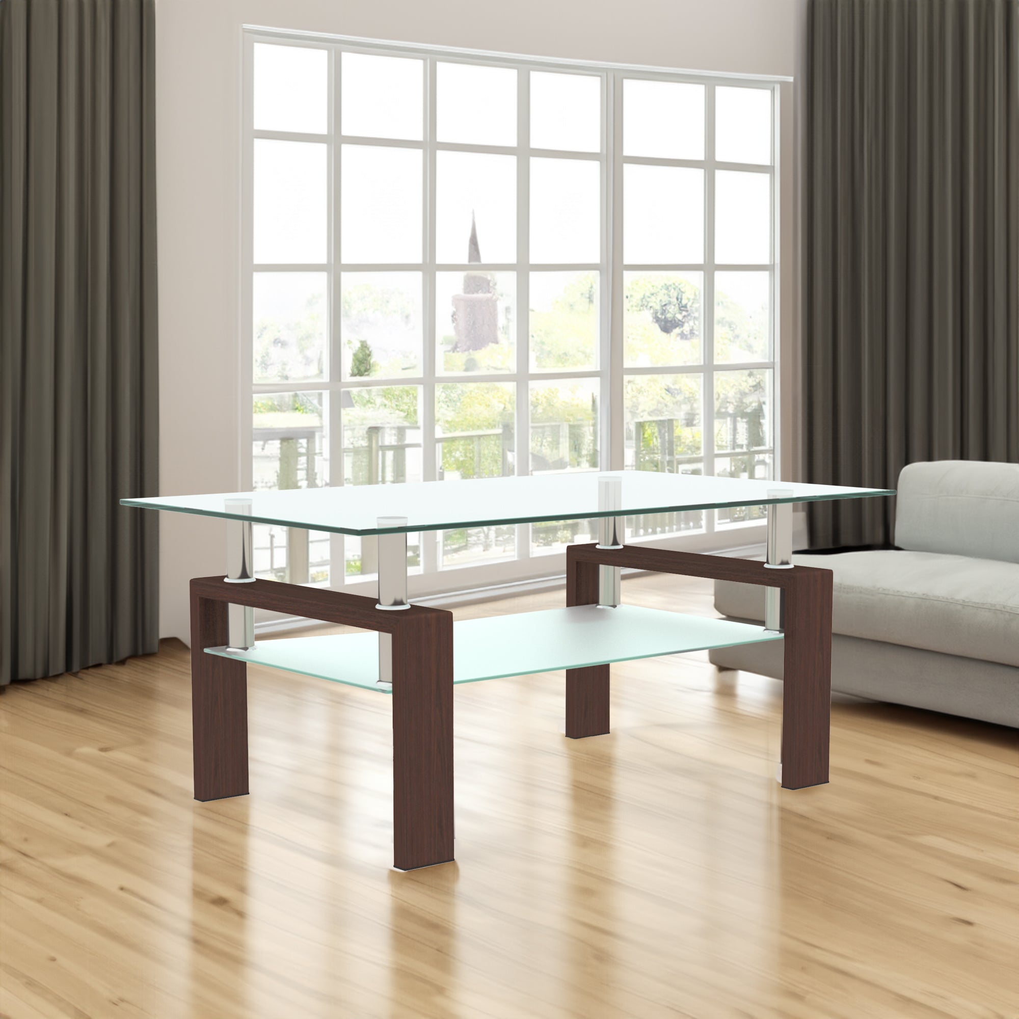 Modern rectangle walnut glass coffee table with double glass shelves and black metal frame