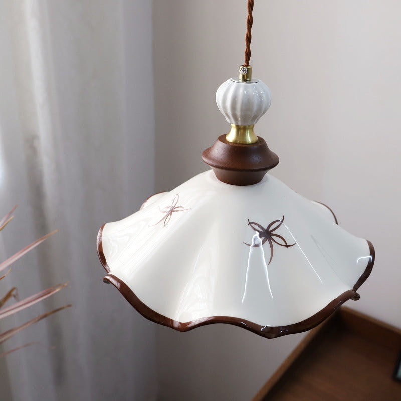 Vintage hand-painted ceramic pendant light in French cream style with four-leaf clover design
