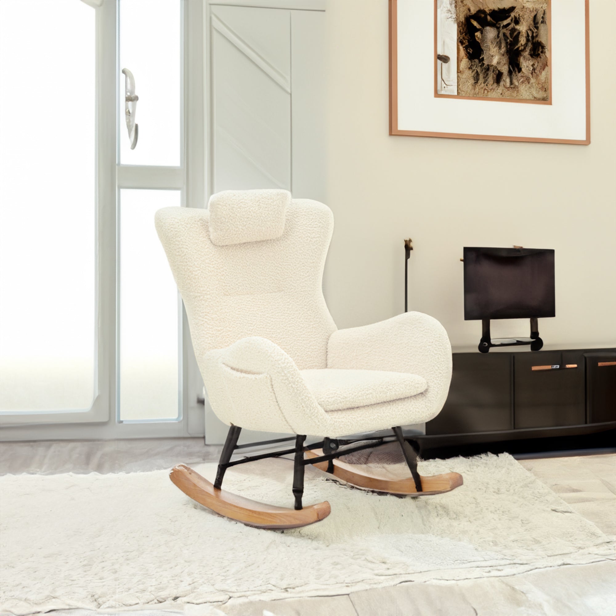Beige rocking chair with rubber legs and cashmere fabric for living room and bedroom use