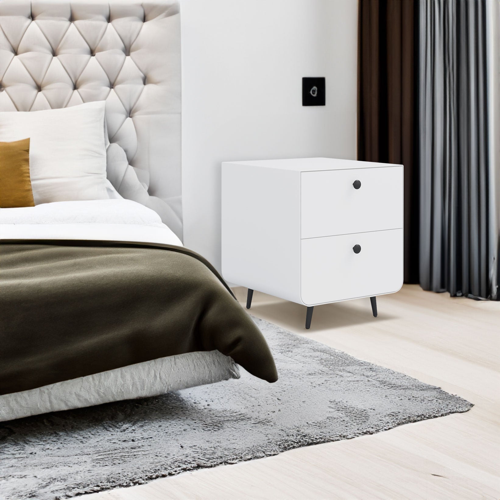 Modern white steel night stand with 2 drawers and circular handles for living room and bedroom storage